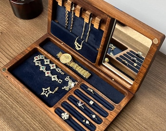 Large Walnut Wood Jewelry Box: Resin Inlay, Necklace Organizer