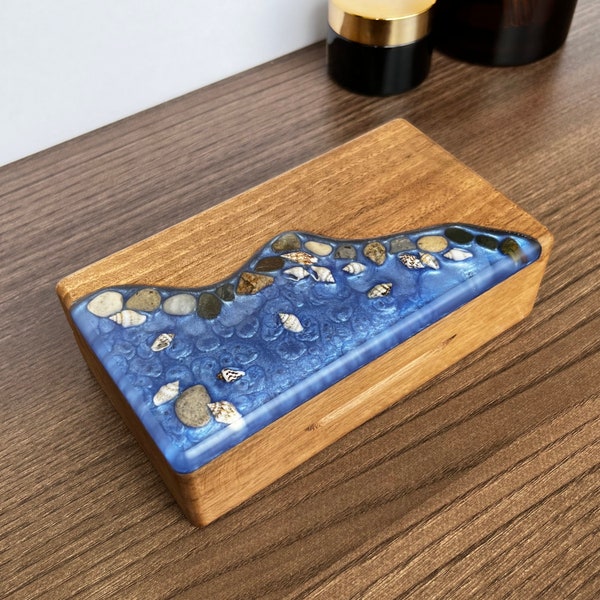 Personalised jewellery box, Ocean jewelry holder, Resin and Walnut wood jewelry box, Custom wooden jewelry box, Small jewelry travel case.