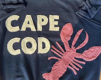 Cape Cod Lobster Patchwork Sweatshirt - Handmade Coastal Crewneck – Embroidered Lobster Design – Nautical Gift – Cottagecore Coastal