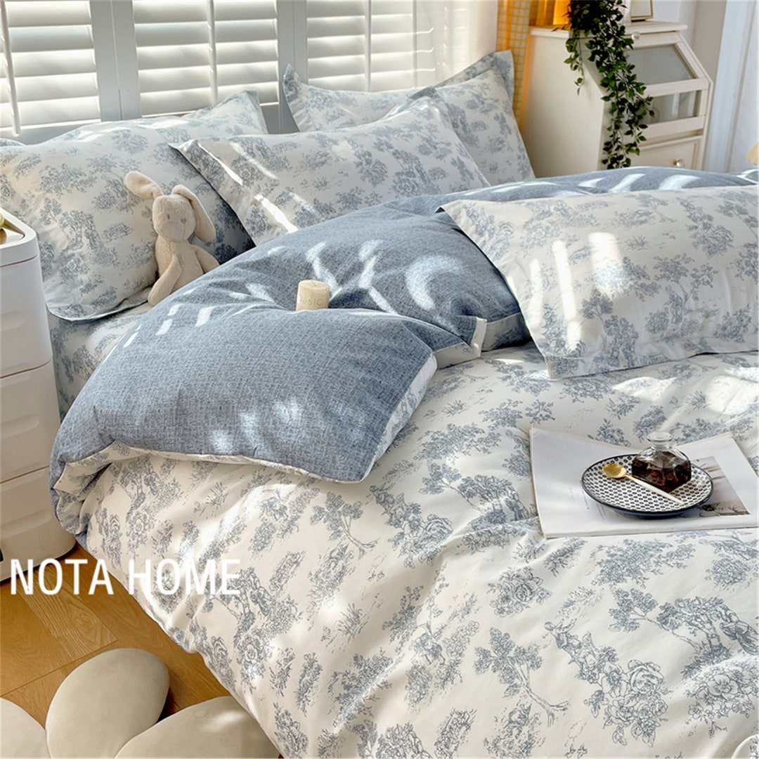 100 Cotton Blue Floral Duvet Covers Set With 2 Pillowcases Twin/full