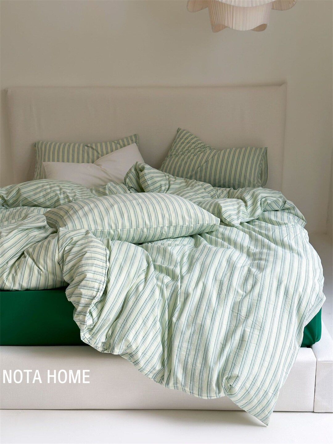 Minimalist 100 Cotton Green Striped Duvet Covers Set With 2 Pillowcase