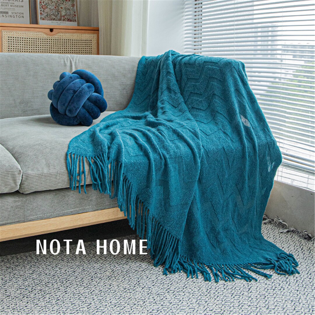 Solid Color Navy Blue Blankets Knitted With Tassel,knitting Blanket Autumn/winter,minimalist