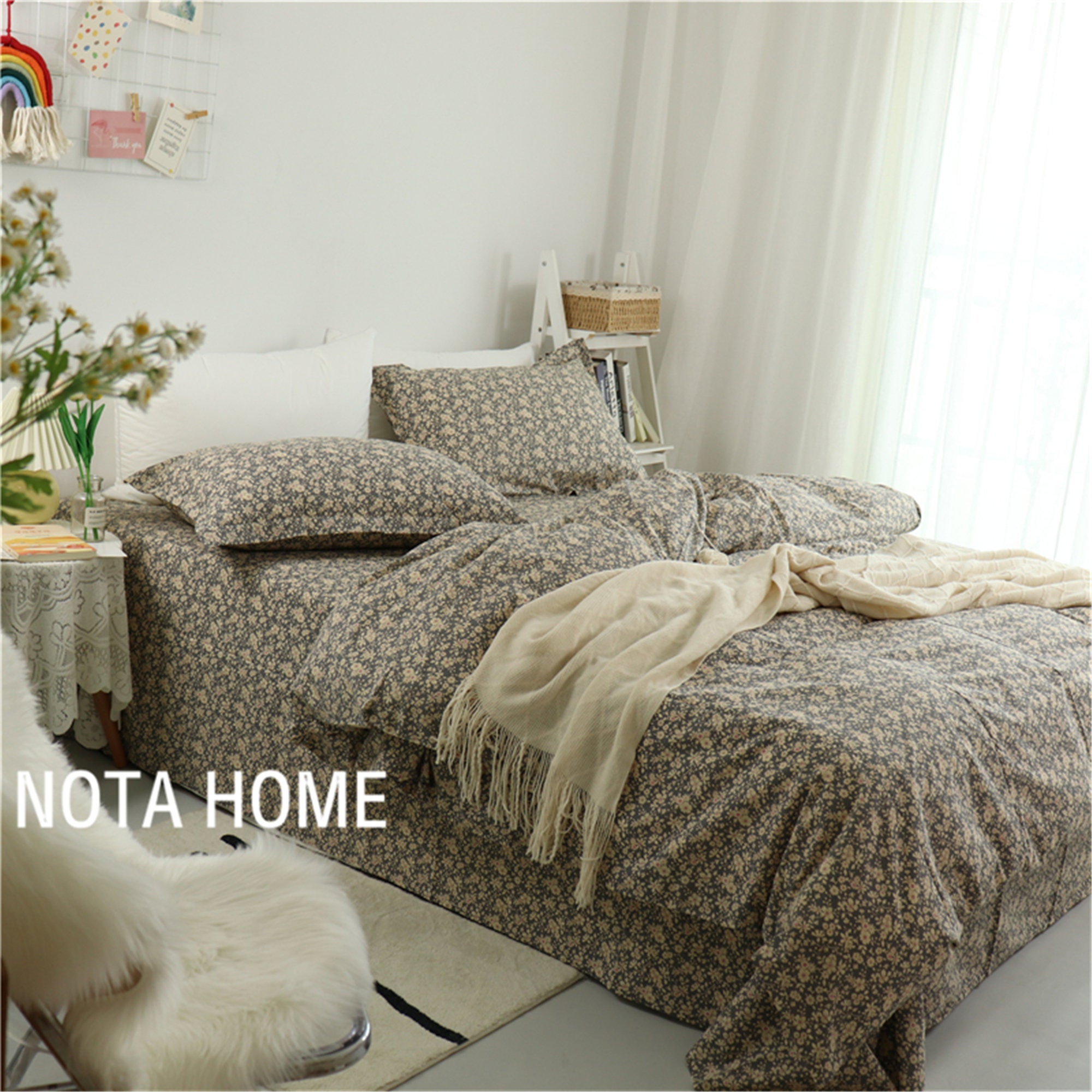 100 Cotton Gray Floral Duvet Cover Twin/full/queen Duvet Etsy