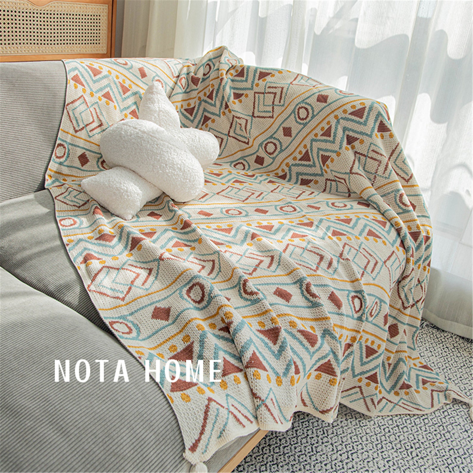 Blankets Knitbohemian Geometric Stripes Blanket Knitted Etsy