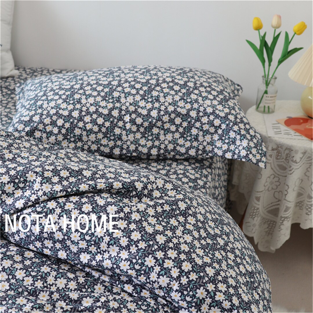 Navy Blue Floral Cotton Duvet Cover Queen/twin/fullduvet - Etsy