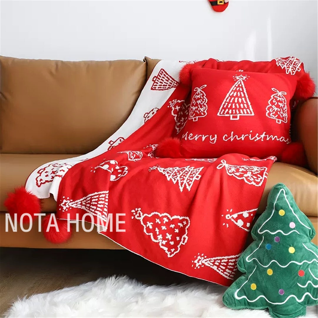 Red Christmas Blanket Knitted,christmas Tree Print Knitting Blanket