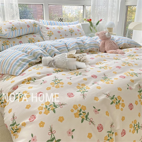 White Floral Blue Striped Duvet Cover Twin/full/queen/king Etsy