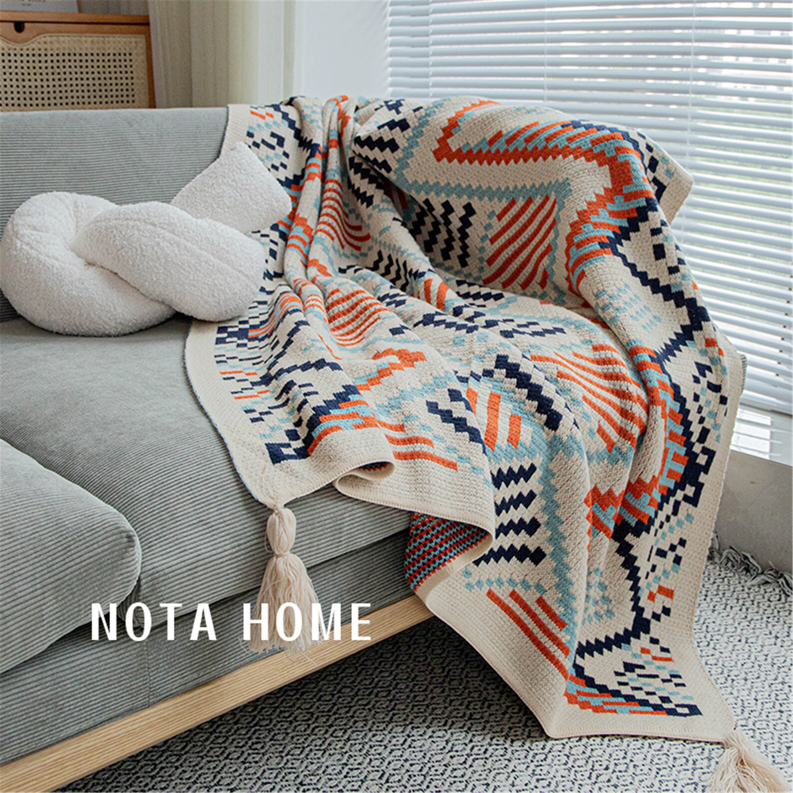 Handmade Knitted Blankets Bohemiangeometric Stripes Blanket Etsy
