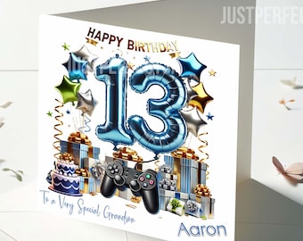 Personalised 13th Birthday Card for Boys, Grandson, Son, Brother, Nephew, Gaming 13th birthday card