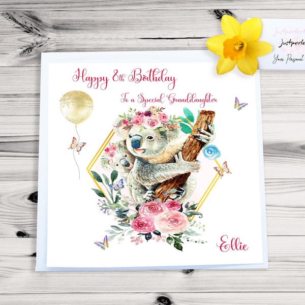 Personalised Cute Koala Bears Birthday card Roses Granddaughter,Daughter,Sister