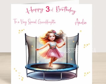 Girl jumping on trampoline card for, 3rd, 4th, 5th, 6th,7th,8th Daughter, Granddaughter, Niece, Trampoline Birthday Card