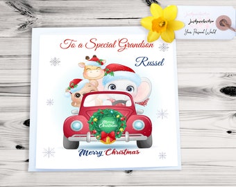 Personalised Christmas Card Cute Baby Animals for Granddaughter Niece Friend Grandson Nephew Son Daughter Any Name Relation | Square card|