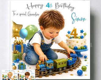 May include: A birthday greeting card featuring a child in denim overalls playing with a blue and green toy train on tracks. The card displays the text Happy 4th Birthday, To a special Grandson, and the name Simon, alongside a birthday cake.