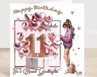 May include: A birthday card with the text "Happy Birthday" and "To a Special Granddaughter". The card features a girl, heart-shaped balloons, the number 11, and a gift box. The name "Amelia" is also on the card.