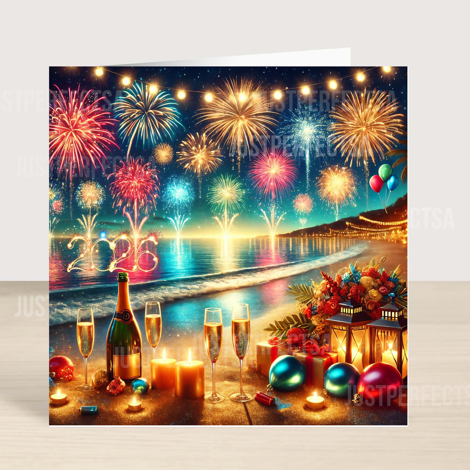 Beach Firework Theme Happy New Year 2026 Card, Welcome 2026 Card