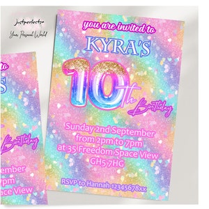 Personalised Purple Balloons Birthday Party Invitations Invites Girls Rainbow Birthday Invites 5 6 7 8 9 10 11th,A6 Glossy Finish