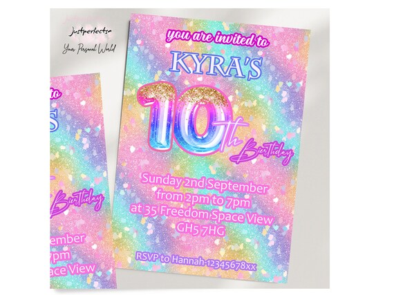 Personalised Purple Balloons Birthday Party Invitations Invites Girls Rainbow Birthday Invites 5 6 7 8 9 10 11th,A6 Glossy Finish