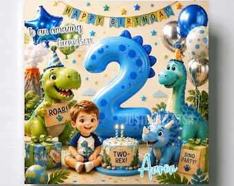 Personalised Dinosaur 2nd Birthday Card for Grandson, Son, Nephew, Dinosaurs theme card