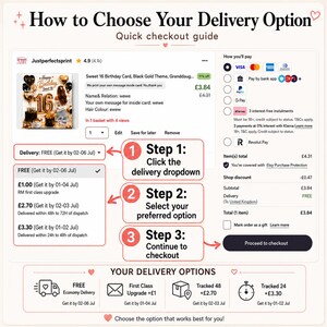 May include: An instructional infographic titled How to Choose Your Delivery Option, featuring a step-by-step guide for an Etsy checkout process. It displays a product summary, payment methods, and three numbered steps with red arrows pointing to delivery dropdown menus.
