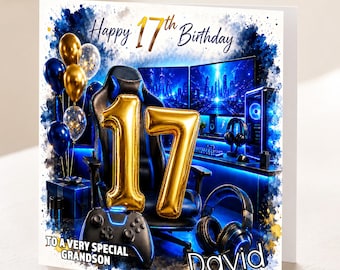 Personalised 17th Birthday Gamer Card, Grandson, Son, Brother, Nephew, video gaming ,blue and gold