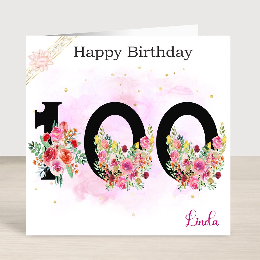Personalised 100th Birthday Card Female Floral Theme Square Folded Card ...