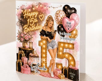 Personalised 15th girls birthday card for granddaughter niece daughter, Blond Light brown and brown hair