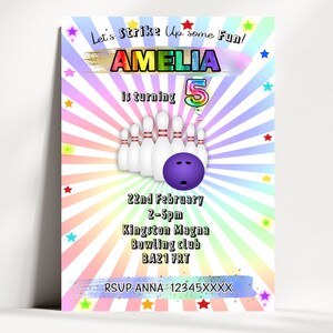 Invitaciones personalizadas de cumpleaños de bolos, invitaciones a fiestas de bolos arcoíris, invitaciones a bolos para niños y niñas