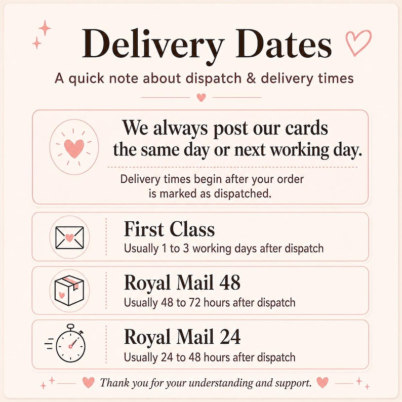May include: A light pink informational graphic titled Delivery Dates with dark brown text. It outlines dispatch and delivery policies for cards, including First Class, Royal Mail 48, and Royal Mail 24 options, decorated with small heart and star icons.