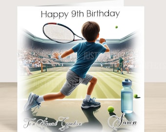 Boys Tennis Birthday card 6,7,8,9,10,11th for Grandson, Son, Nephew, Friend, brown hair