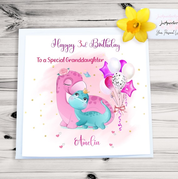 Personalised Dinosaur Cute Girls Birthday Card 1st 2nd  3rd 4th 5th Birthday card Granddaughter Daughter Sister Niece Friend |Square Card|