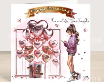May include: A birthday greeting card featuring a girl in a purple hoodie and striped skirt standing next to a gift box with the number 14. The card displays the text Happy Birthday, To a wonderful Granddaughter, and Amelia, with rose gold heart balloons.