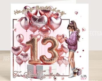 May include: A birthday card with a rose gold theme. The card features heart-shaped balloons, the number 13, and the text "Happy Birthday Amelia". A drawing of a girl is on the right side of the card.