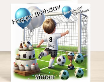 Personalised Football Birthday Card for Nephew Son Grandson, boys, Balloons, cake birthday card