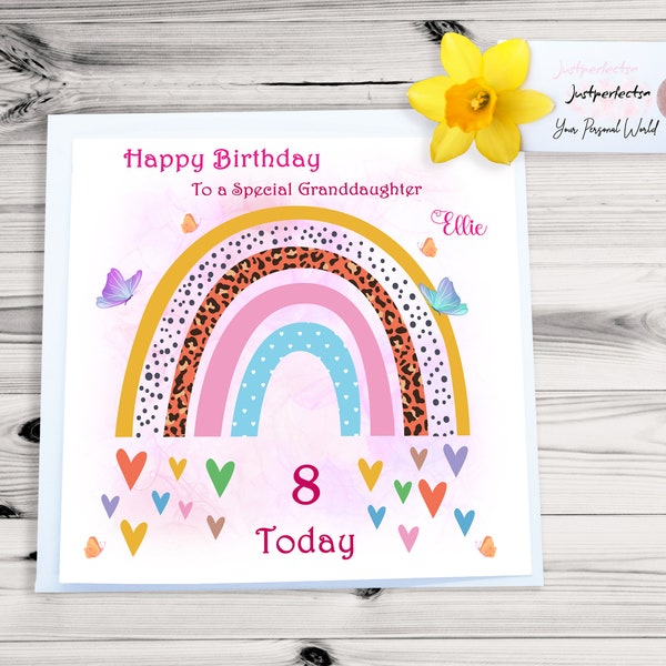 Personalise Rainbow Birthday Card 4,5,6,7,8,9,10th Granddaughter Daughter Friend Niece Sister |Square card|