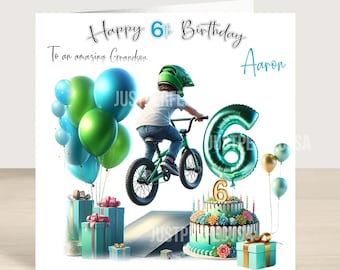 Personalised 6th boy on bike birthday card, grandson, son, nephew, Stunning boys 6th birthday card