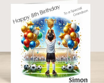 Personalised Stunning Football Birthday Card Boys for Nephew Son Grandson, Football Trophy balloons boys birthday card 263