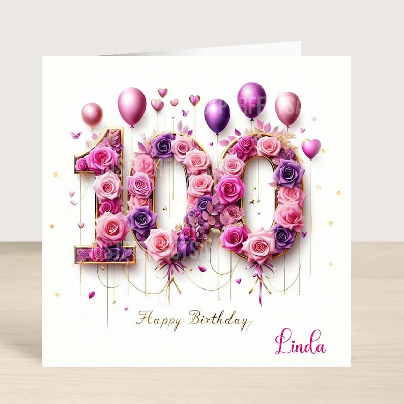 Beautiful 100th Birthday Card Female Floral Roses, Personalised Folded ...