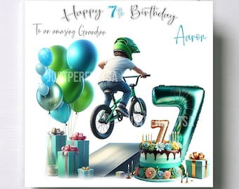 Personalised 7th boy on bike birthday card, grandson, son, nephew, Stunning boys 7th birthday card 283