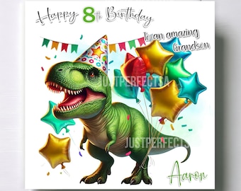 May include: A square birthday greeting card featuring a green T-Rex wearing a colourful patterned party hat. The card displays the text Happy 8th Birthday, To an amazing Grandson, and the name Aaron, surrounded by star-shaped balloons and bunting.
