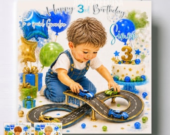 May include: A birthday greeting card featuring a child in denim overalls playing with a toy car track. The text reads Happy 3rd Birthday to a special Grandson and Simon. The scene includes blue and green balloons, gift boxes, and a cake with a number 3.