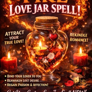 May include: An advertisement for a Fire Love Jar Spell. The image shows a heart-shaped glass jar with a cork lid, containing candles and dried flowers, with flames around it. Text includes "Ignite Passion & Desire!" and "Get Your Custom Love Jar Spell NOW!"
