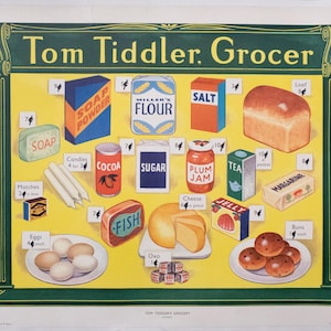 Original 1950er Jahre Lernposter mit Lebensmitteln und Küchenutensilien