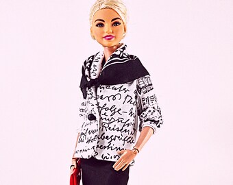 Newspaper jacket + dress with stripes + scarf | Doll clothing | PIPDOLLS 