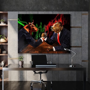 Bull vs Bear Fighting Canvas Wall Art Decor