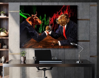 Bull vs Bear Fighting Canvas Wall Art Decor
