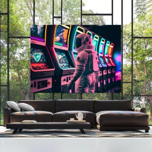 Vaporwave Astronaut Playing Arcade 94 Canvas Wall Art Decor