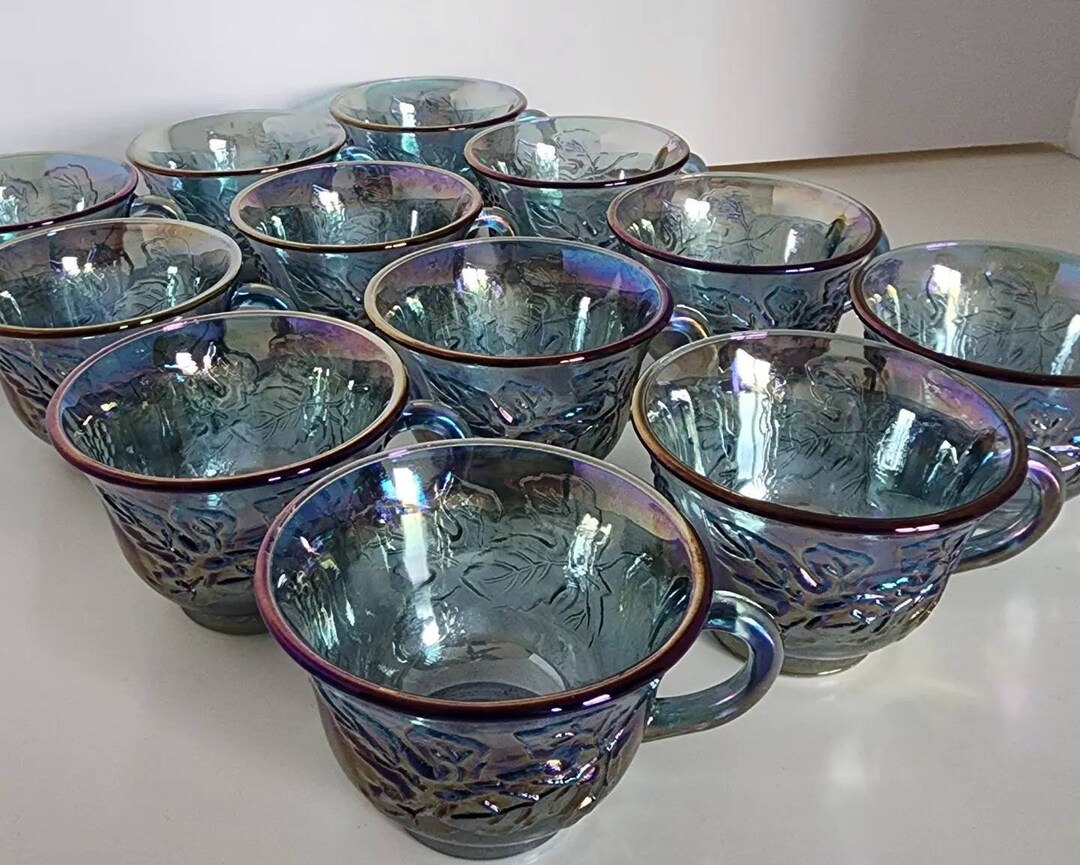 Carnival Glass Iridescent Blue Indiana Harvest Grape Pattern Punch Bowl