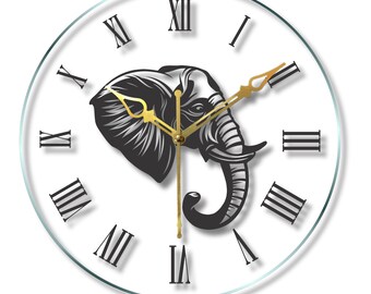 Elephant Acrylic Glass Wall Clock, Modern Tempered Glass Clock, Oversized Clock for Living Room, Wall Art for Bedroom, Kitchen, Office, Kids