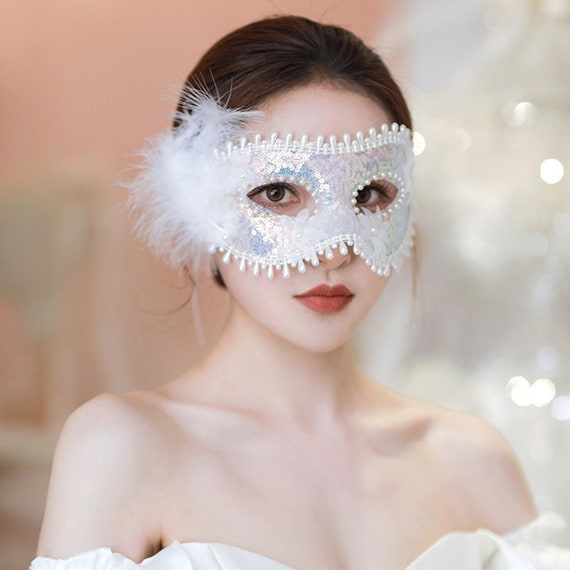 White Half Face Maskmasquerade Mask Embroidery Masks Etsy