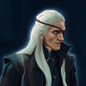 Puede incluir: Retrato de arte digital de un personaje con cabello largo y blanco, un parche en el ojo y un atuendo oscuro. El personaje tiene una expresión seria y está ambientado sobre un fondo azul oscuro con un brillo tenue. El nombre del artista, "Ghostin Arts", es visible.
